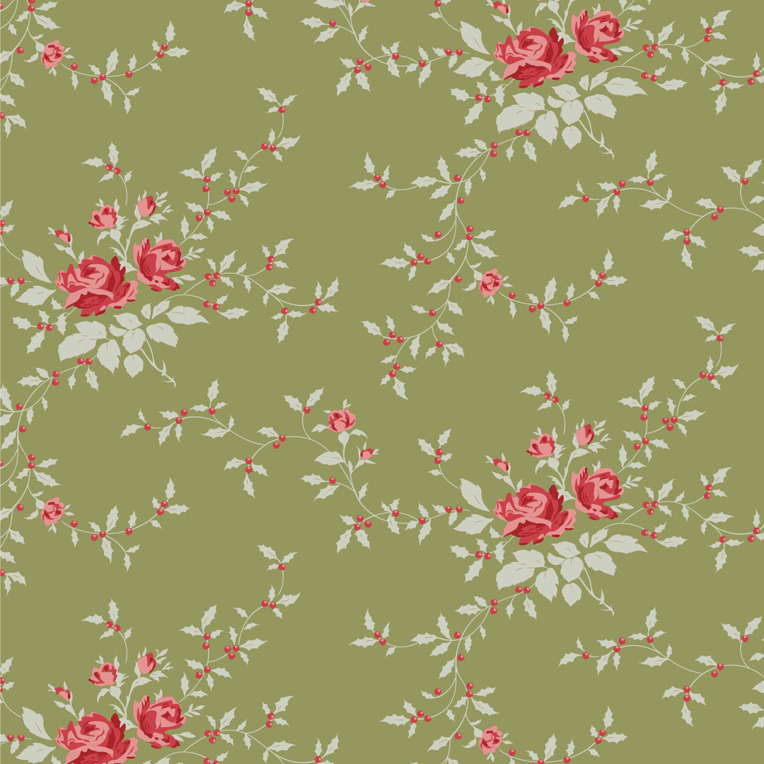 Floral pattern with red roses and green leaves on a green background