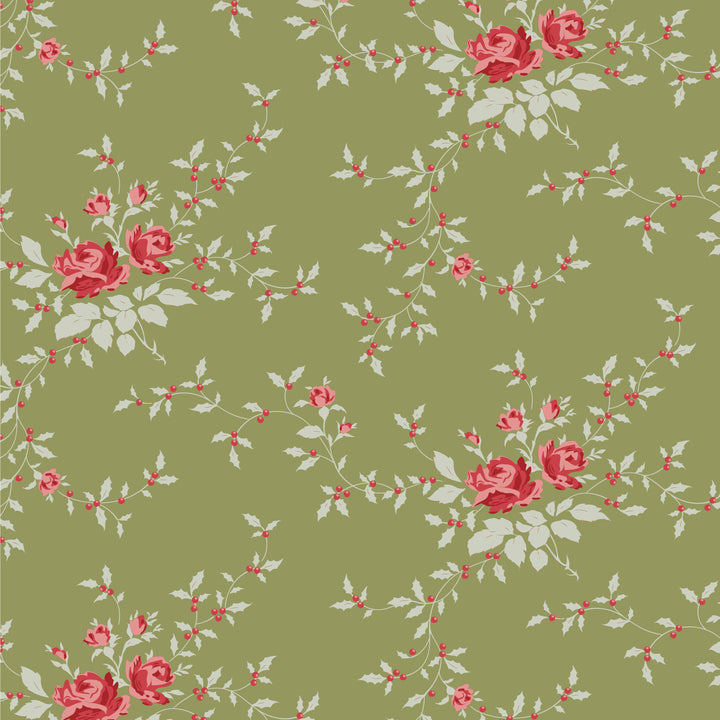 Floral pattern with red roses and green leaves on a green background