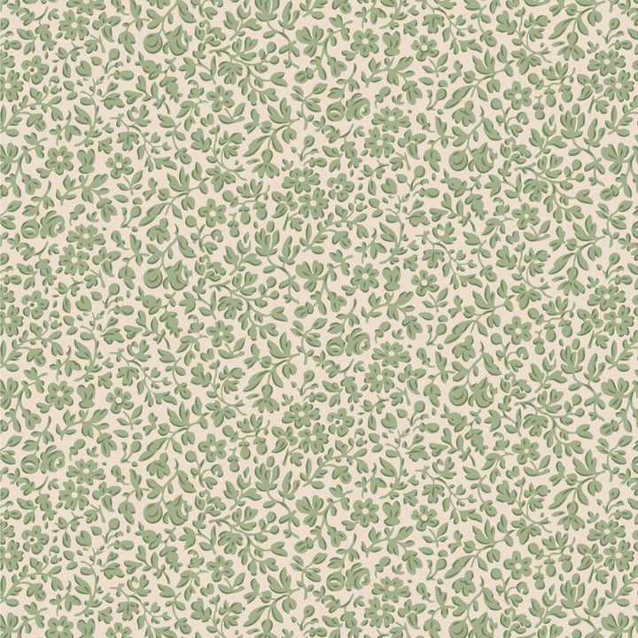 Pattern of green leaves and flowers on a beige background