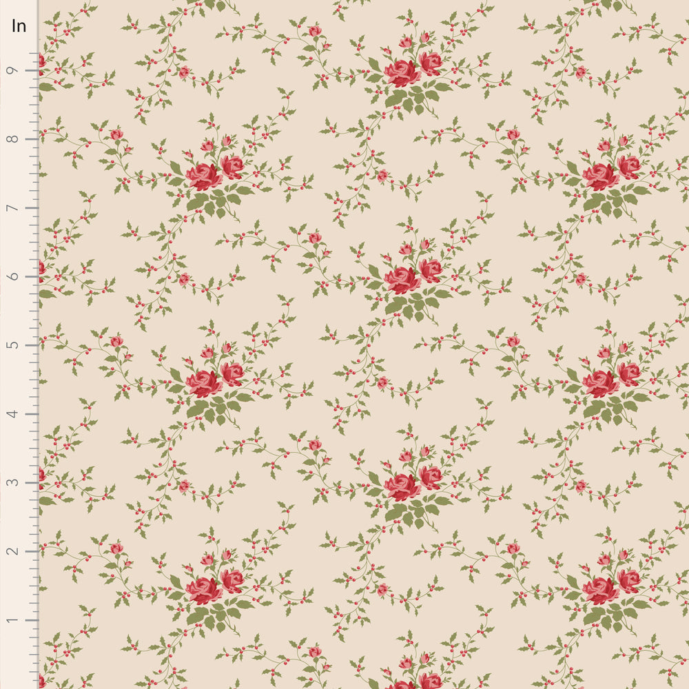 Floral pattern with red roses and green leaves on a beige background, measured in inches.