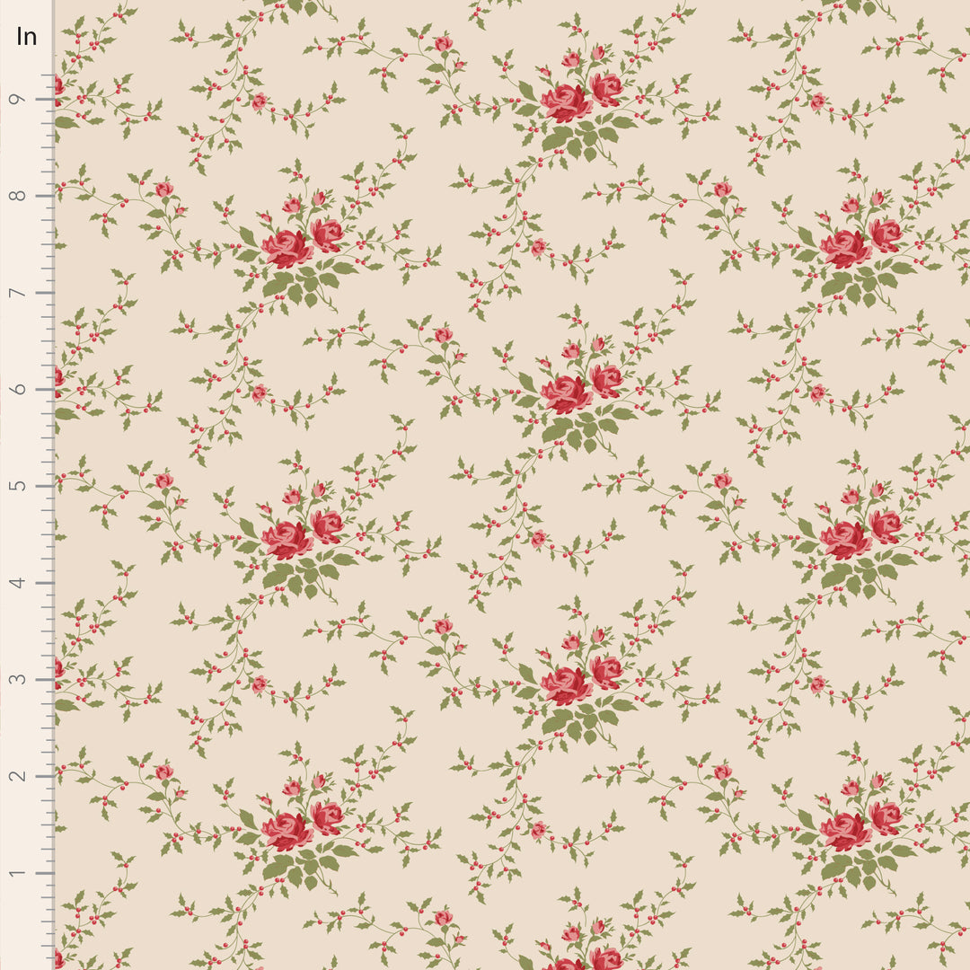 Floral pattern with red roses and green leaves on a beige background, measured in inches.