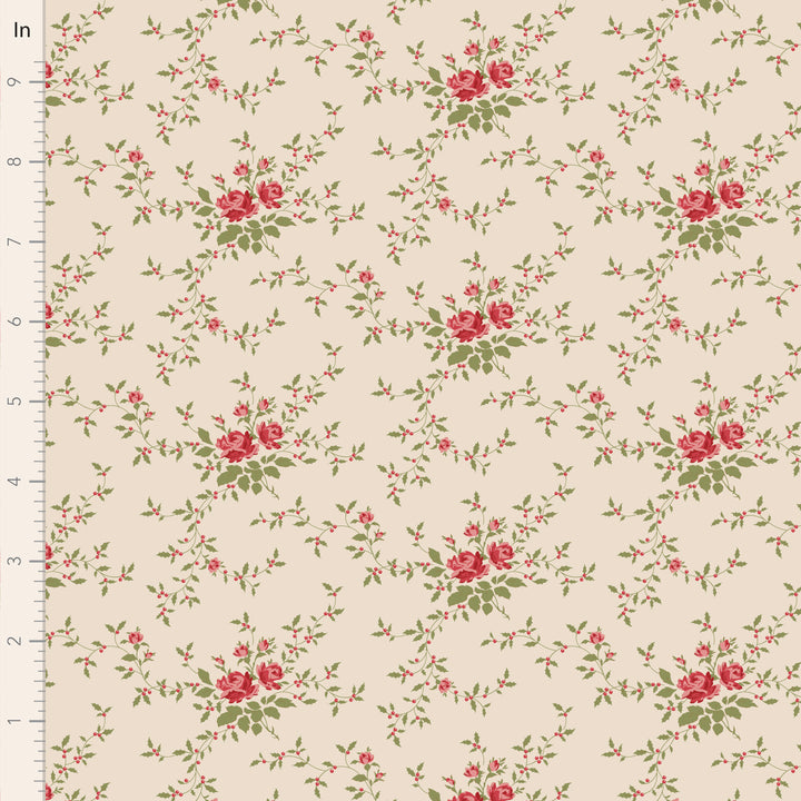 Floral pattern with red roses and green leaves on a beige background, measured in inches.