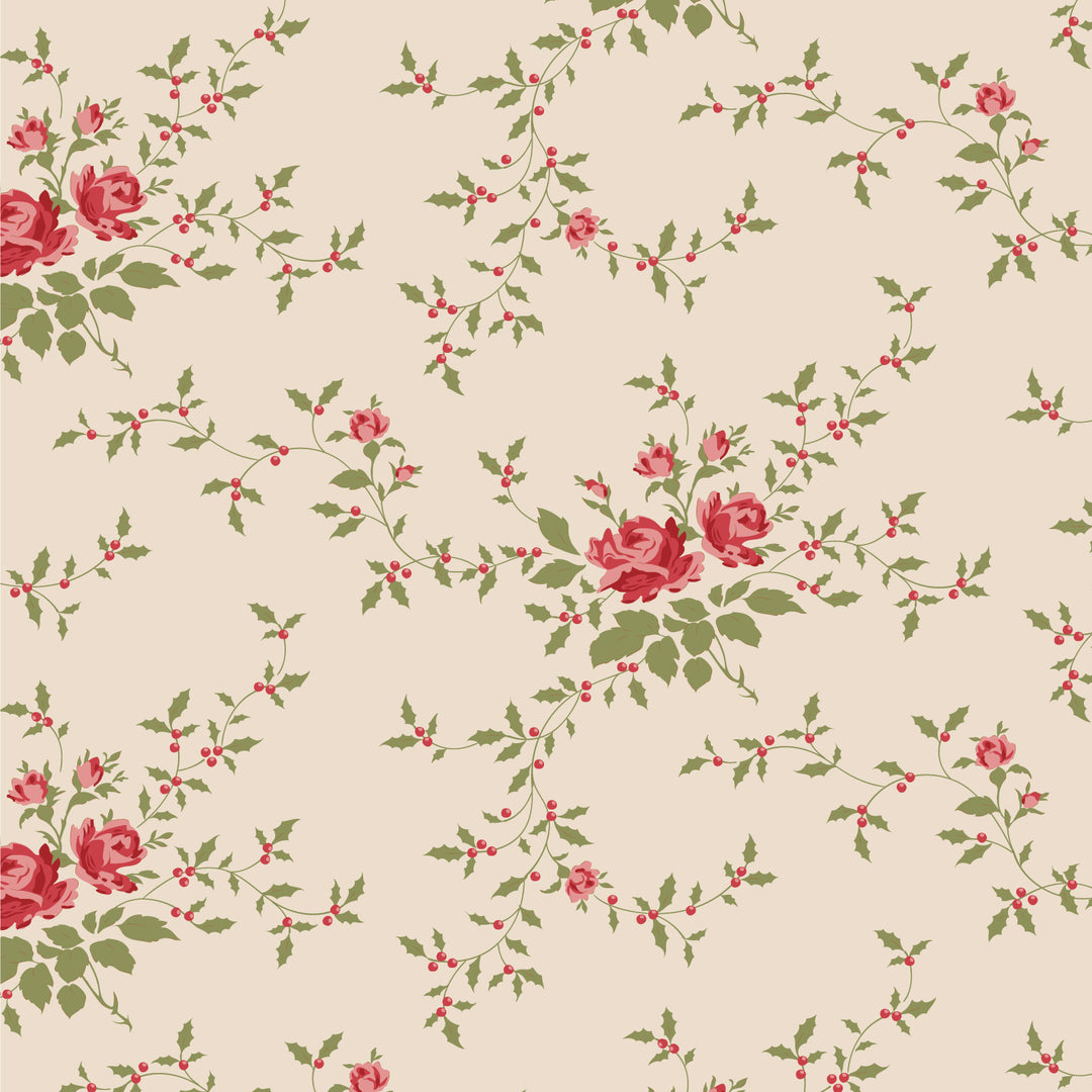 Floral pattern with red roses and green leaves on a beige background