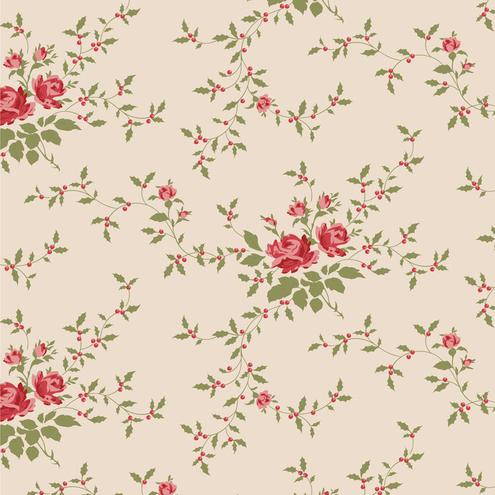 Floral pattern with red roses and green leaves on a beige background