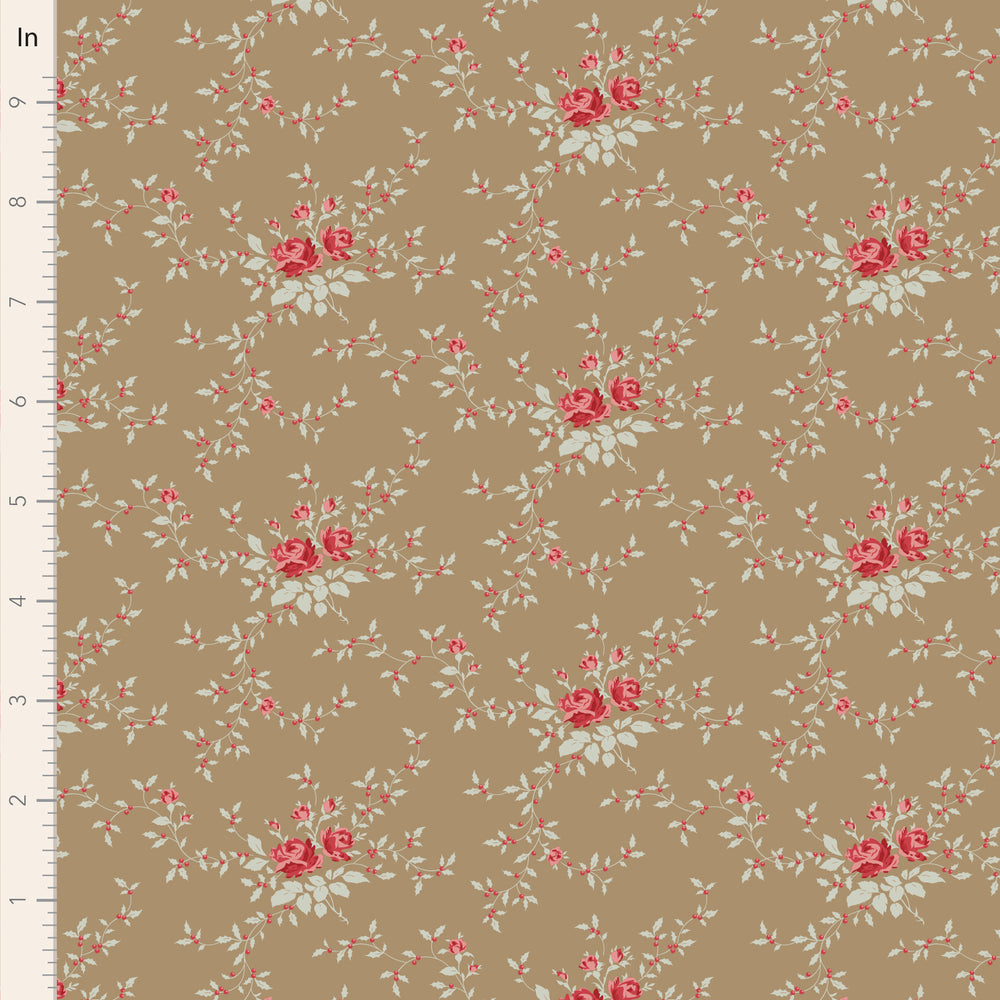 Floral patterned fabric with red roses and green leaves on a beige background, measured in inches.