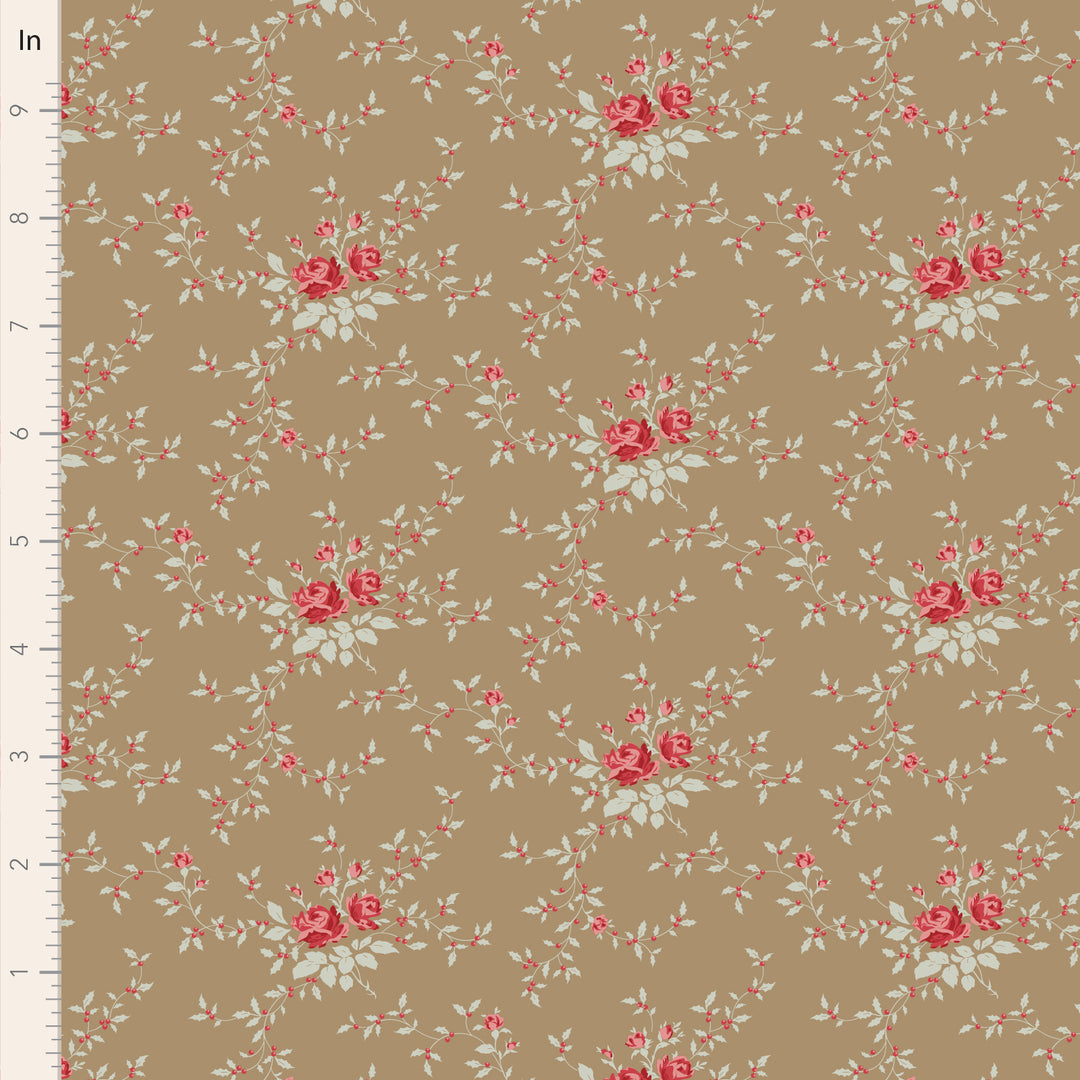 Floral patterned fabric with red roses and green leaves on a beige background, measured in inches.
