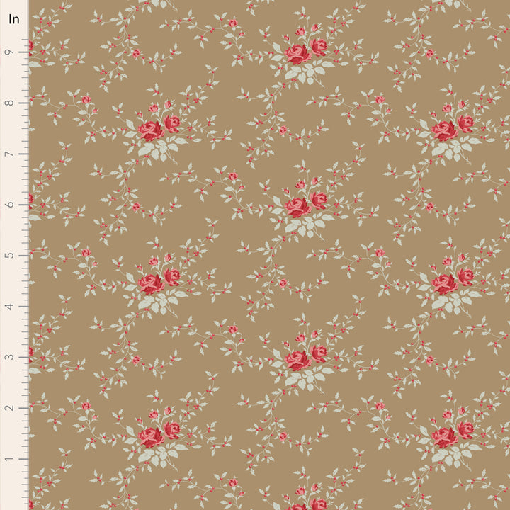 Floral patterned fabric with red roses and green leaves on a beige background, measured in inches.