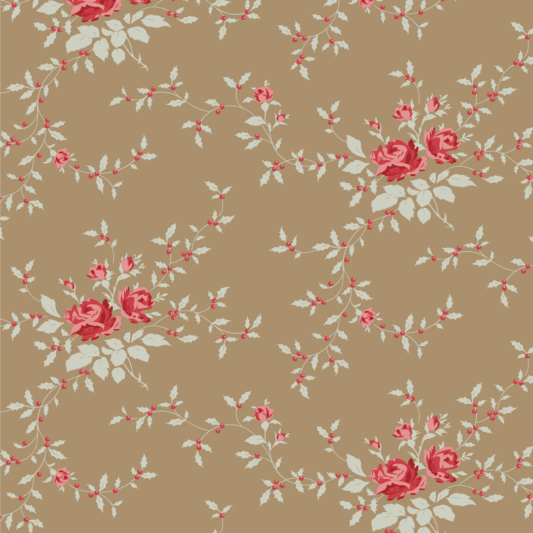 Floral pattern with red roses and green leaves on a beige background