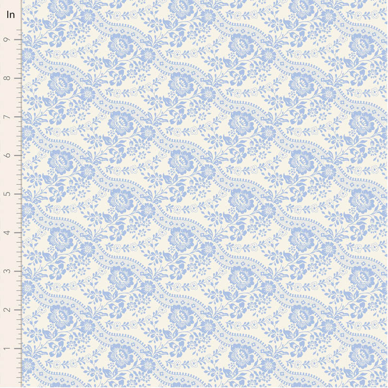 Floral patterned fabric with blue flowers on a white background