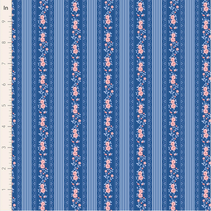 Fabric with blue and pink striped pattern on a ruler background