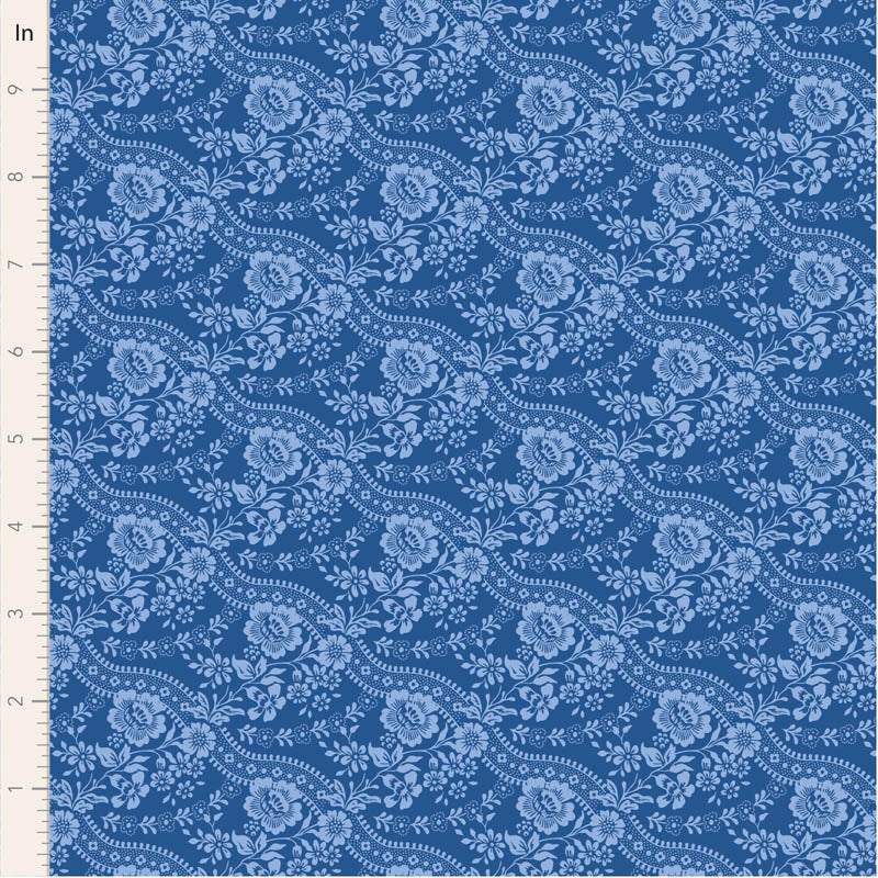 Blue floral patterned fabric with a measuring scale on the side