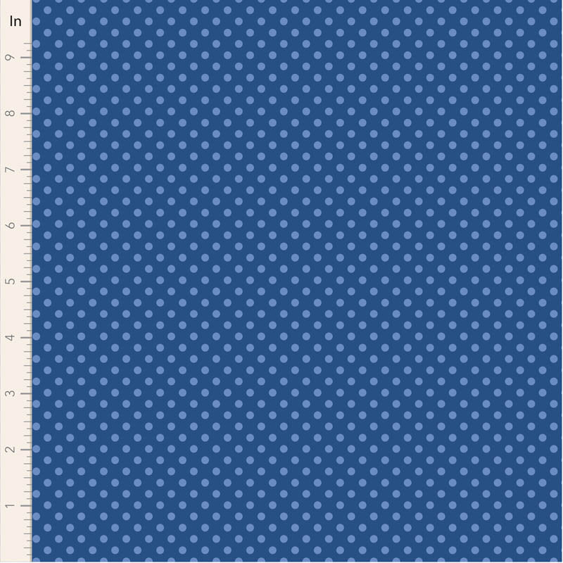 Blue fabric with small white polka dots, measured in inches.