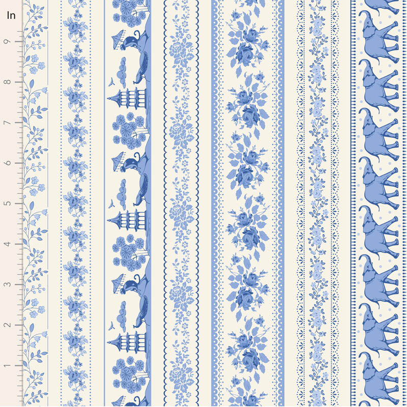 Striped fabric pattern with blue floral and elephant designs on a white background, with a ruler for scale.