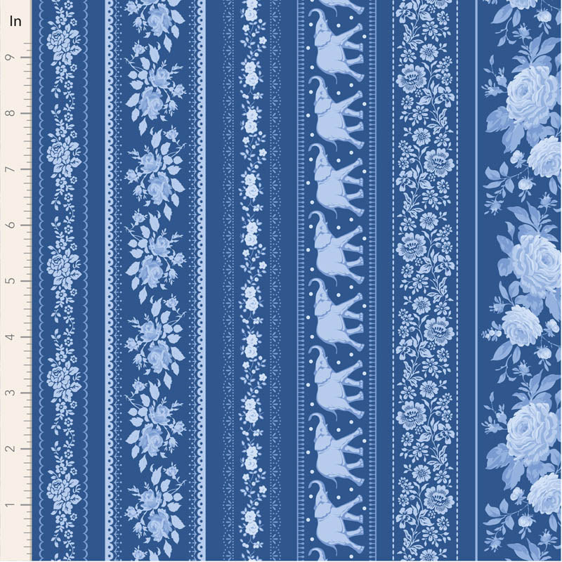 Striped fabric pattern with blue floral and elephant designs on a blue background