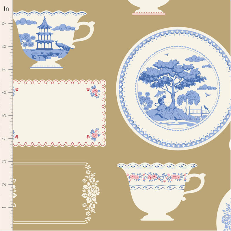 Decorative pattern of teacups, plates, and lace on a beige background with a ruler for scale.