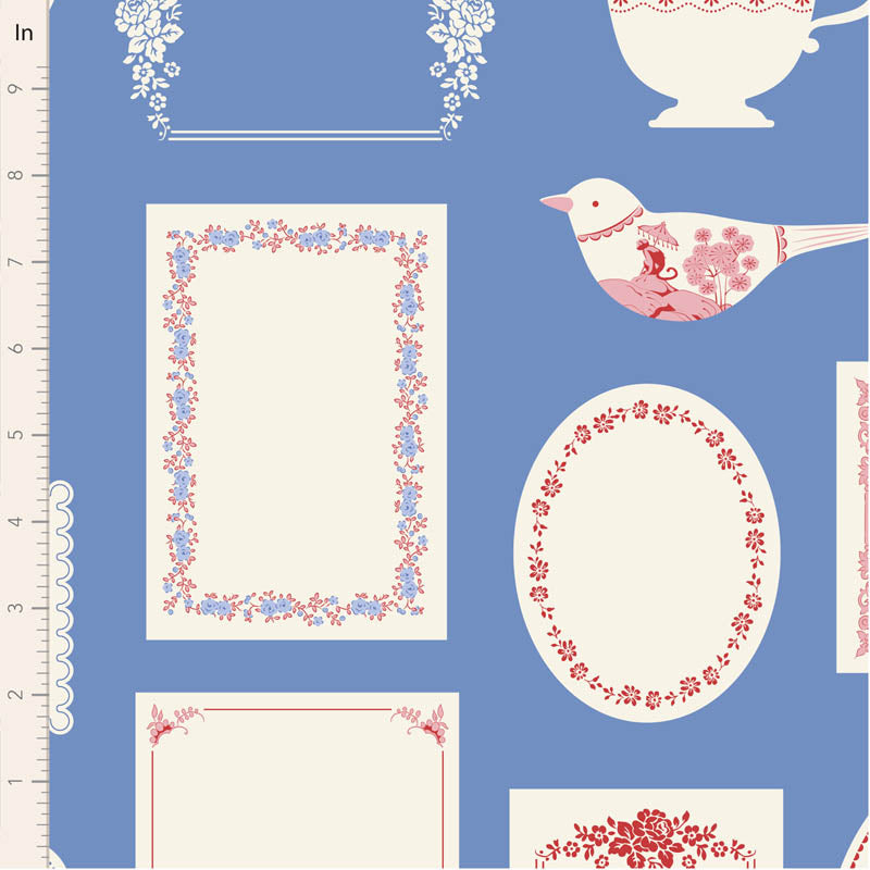 Decorative tableware items with floral patterns on a blue background
