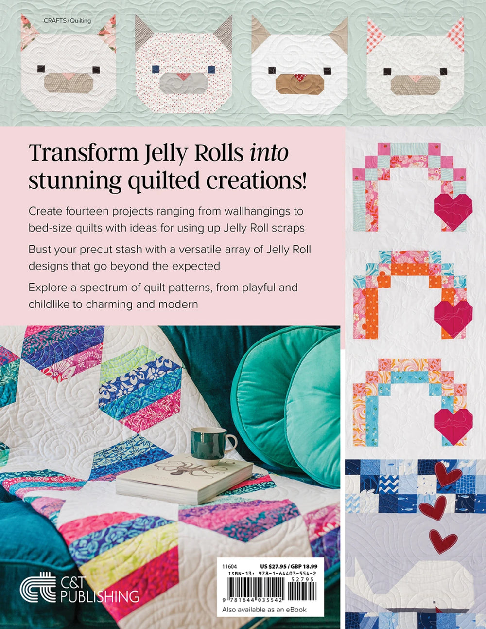 Book cover with quilt patterns and text about using Jelly Roll scraps for quilting projects.