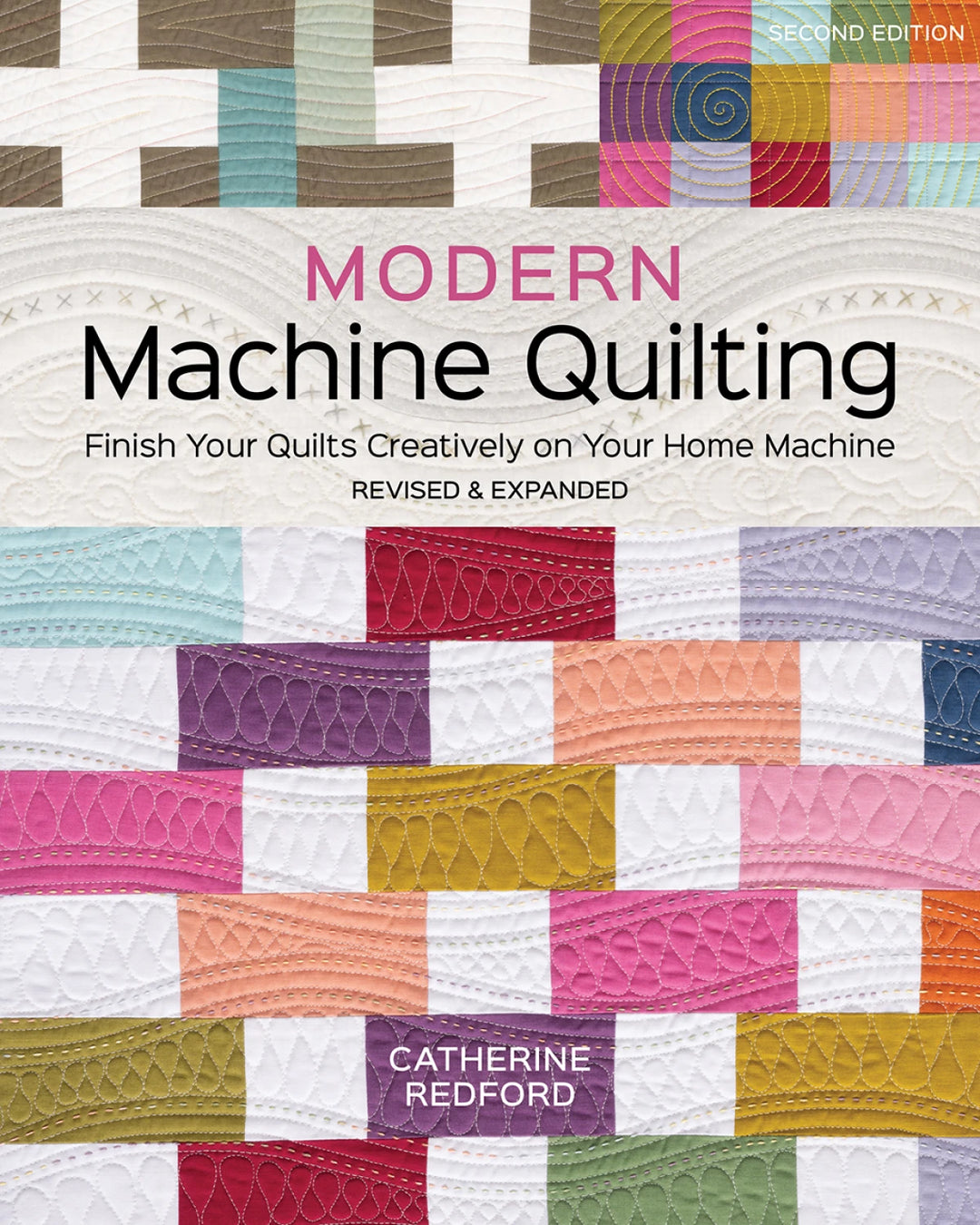 Book cover of 'Modern Machine Quilting' with colorful quilt pattern and author's name.