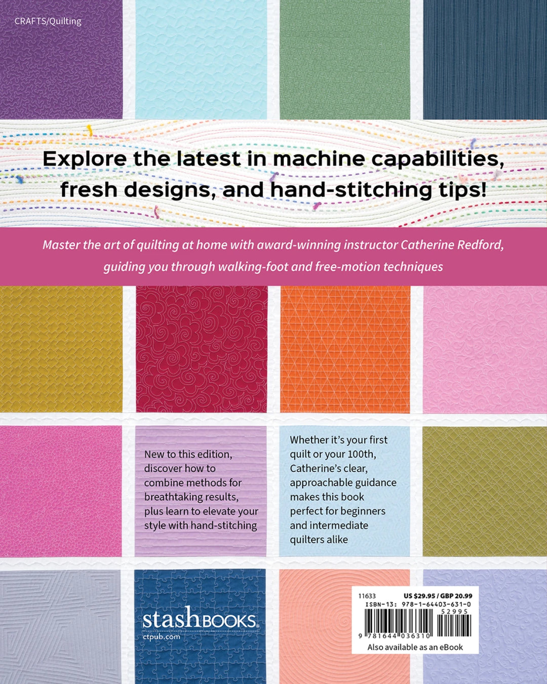 Book cover with colorful quilt squares and text about quilting techniques