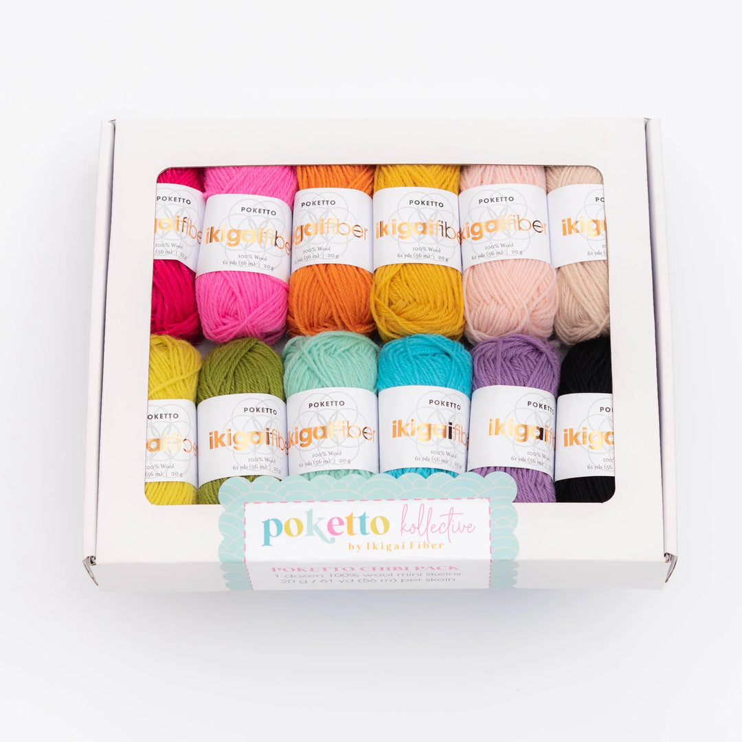 Box of colorful yarn skeins with 'poketto' branding on a white background