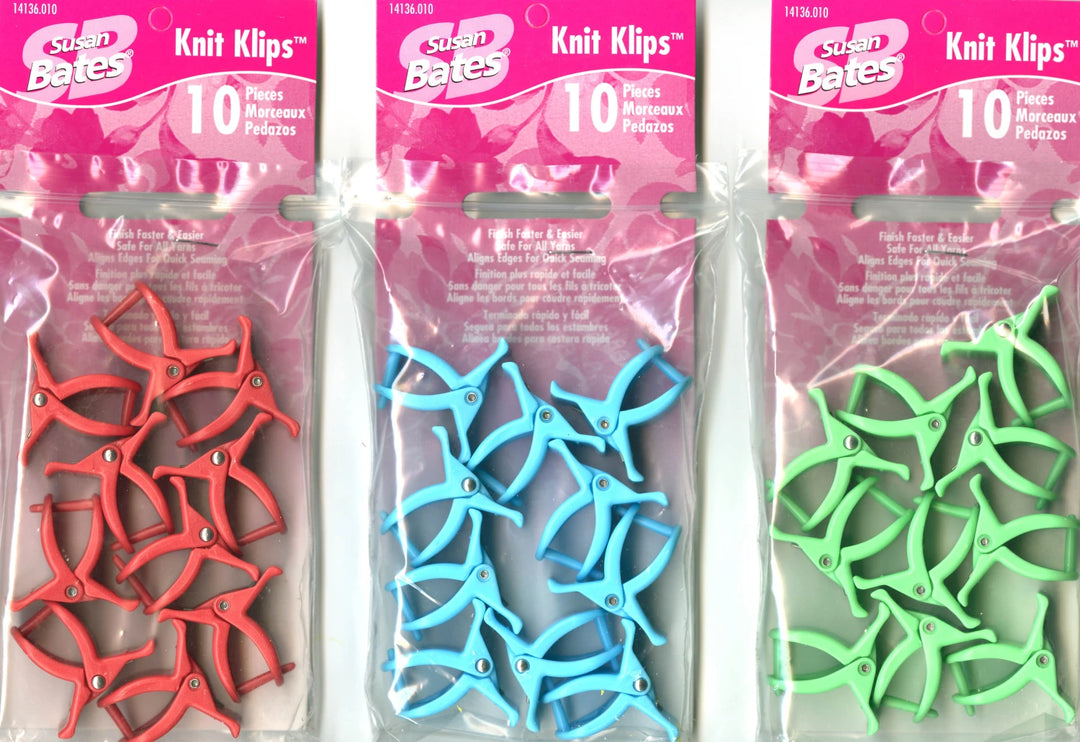 Three packages of Knit Klips with red, blue, and green clips.