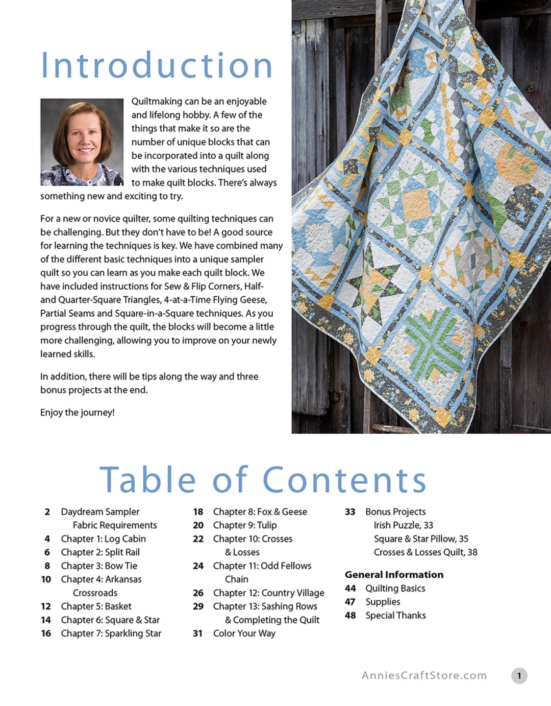 Table of contents for a quilting book with a quilt displayed on a wooden background
