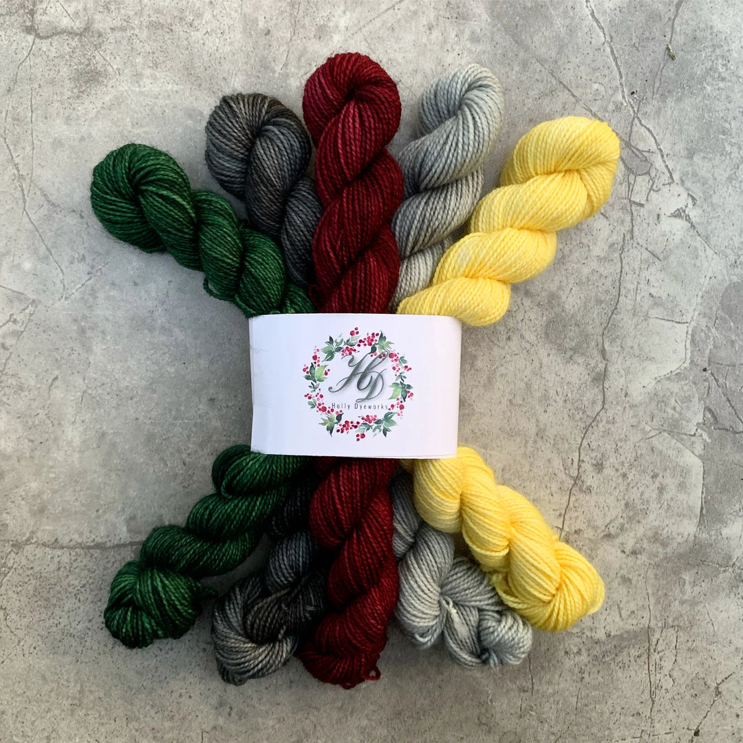 Skein of green, grey, maroon, and yellow merino yarn from Holly Dyeworks