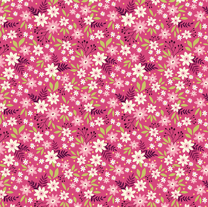 Floral pattern with small flowers and leaves on a pink background