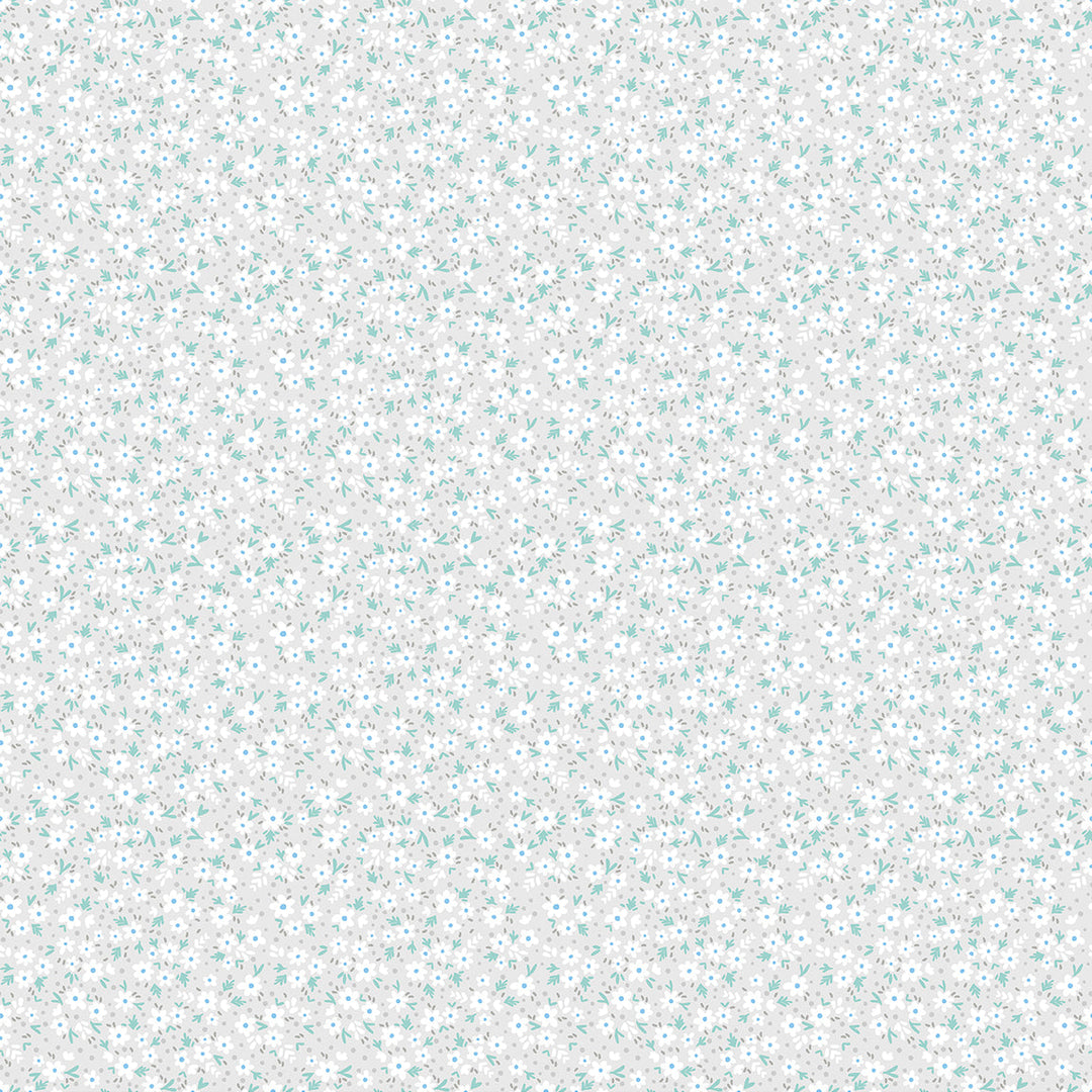 White fabric with small blue floral pattern, color swatch at the bottom.