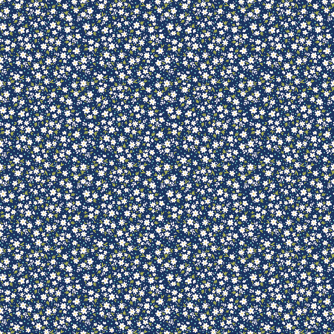 Navy blue fabric with small white floral pattern