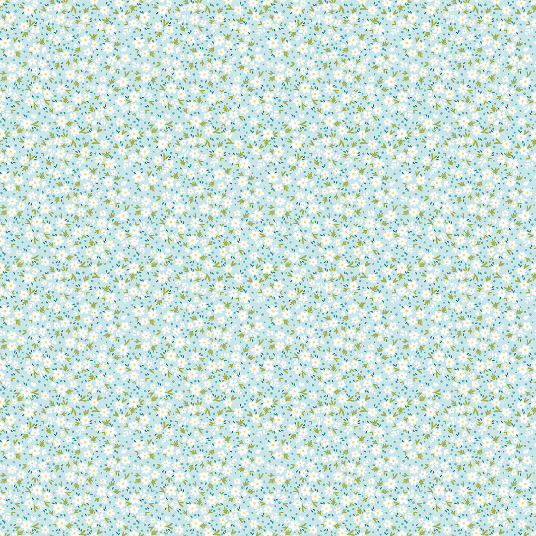 Floral pattern fabric swatch on a light blue background