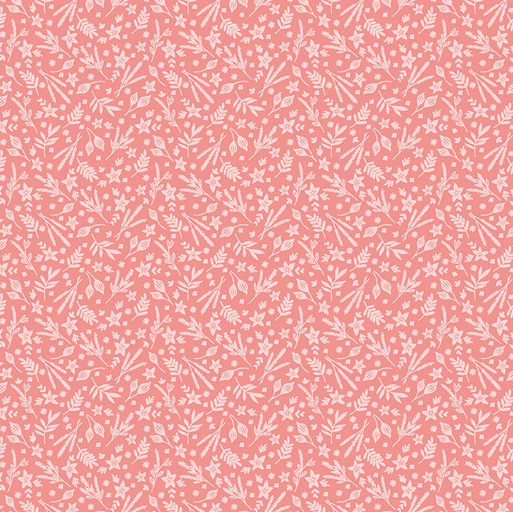 Pattern of white floral and leaf designs on a pink background