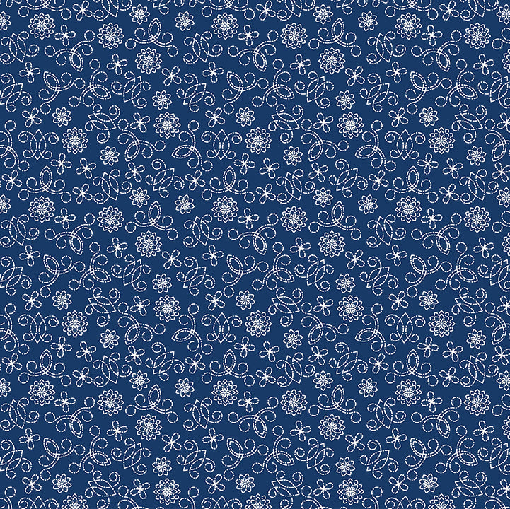 Navy blue fabric with white floral pattern