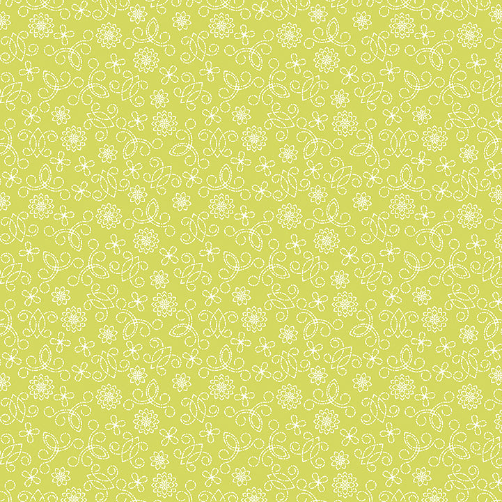 Decorative pattern of small white flowers on a light green background