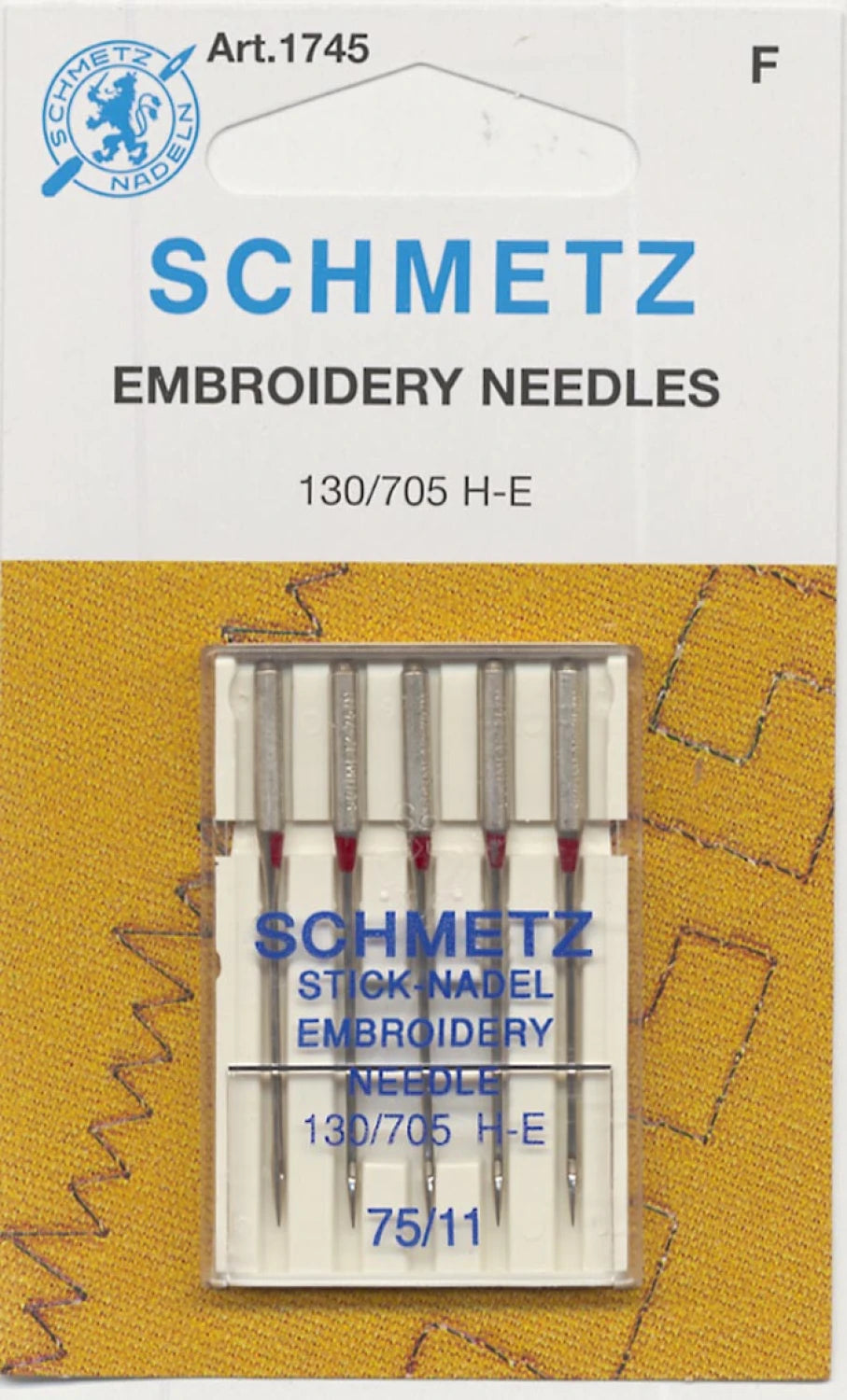 Schmetz embroidery needles packaging with needles inside on a yellow background