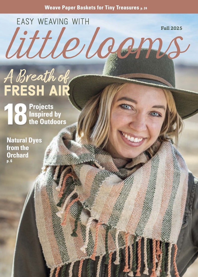 Little Looms magazine cover featuring a woman wearing a woven scarf with a scenic background