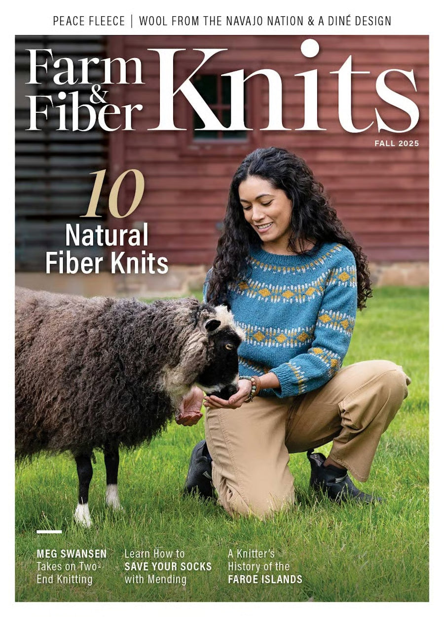 Magazine cover featuring a woman with a sheep, titled 'Farm & Fiber Knits'.