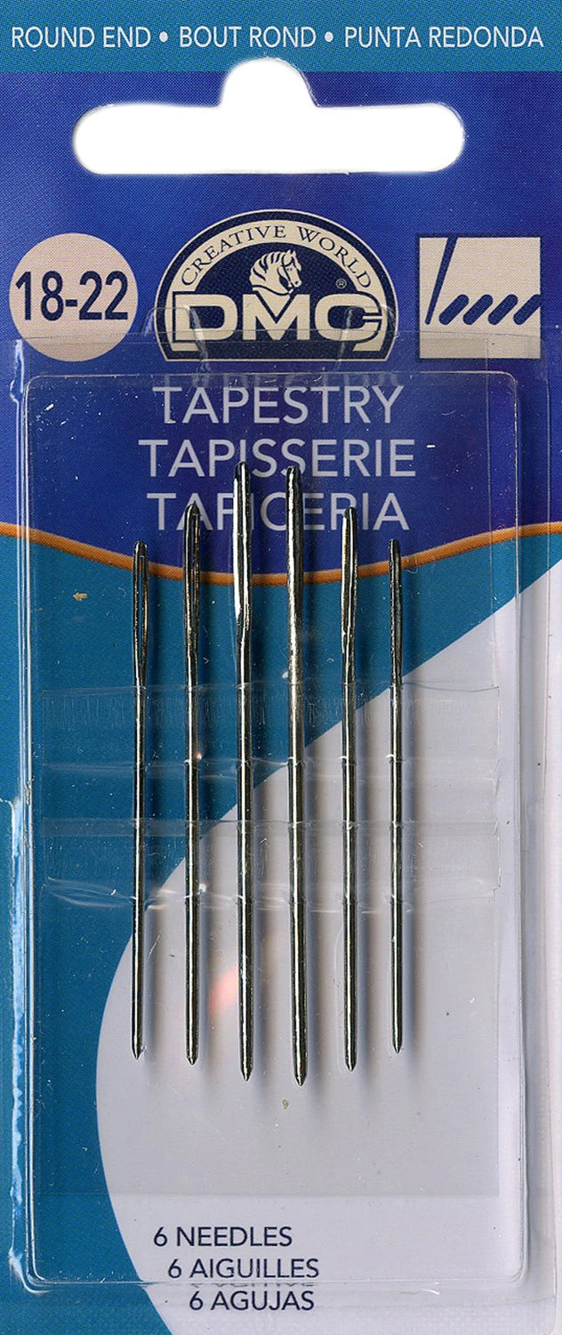 Pack of DMC tapestry needles with packaging showing brand name and needle size.