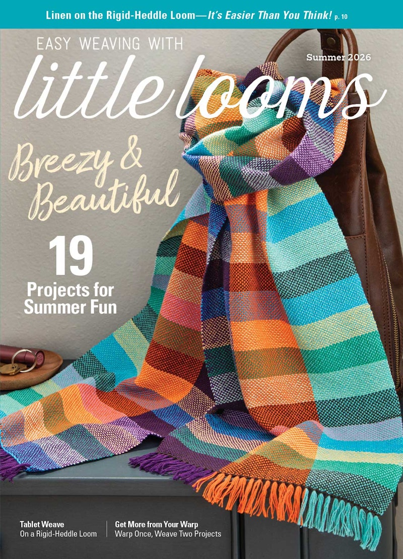 Magazine cover featuring a colorful striped scarf and text about weaving projects.