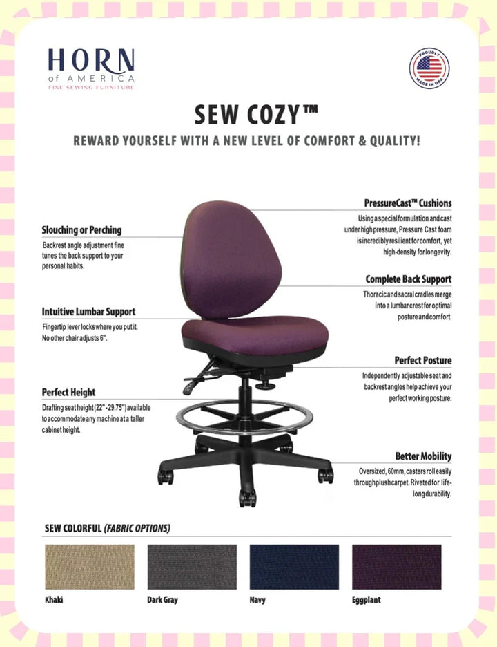 Advertisement for Horn of America Sew Cozy chair with features and color options.