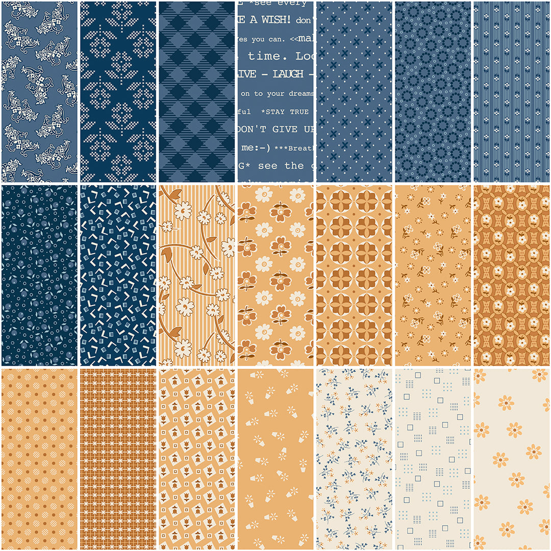 Grid of various blue and orange fabric patterns