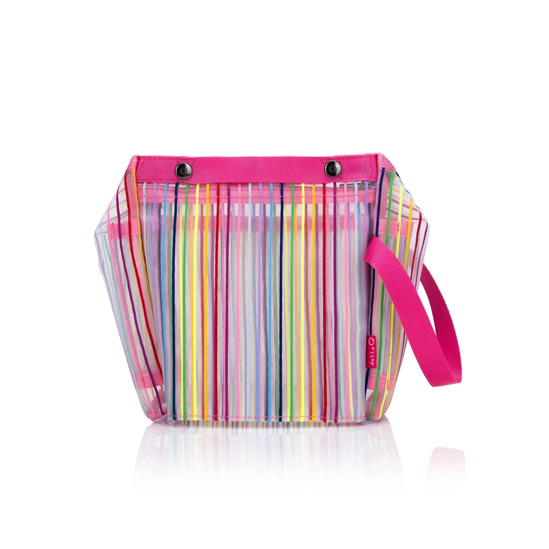 Transparent bag with colorful stripes and pink handle on a white background