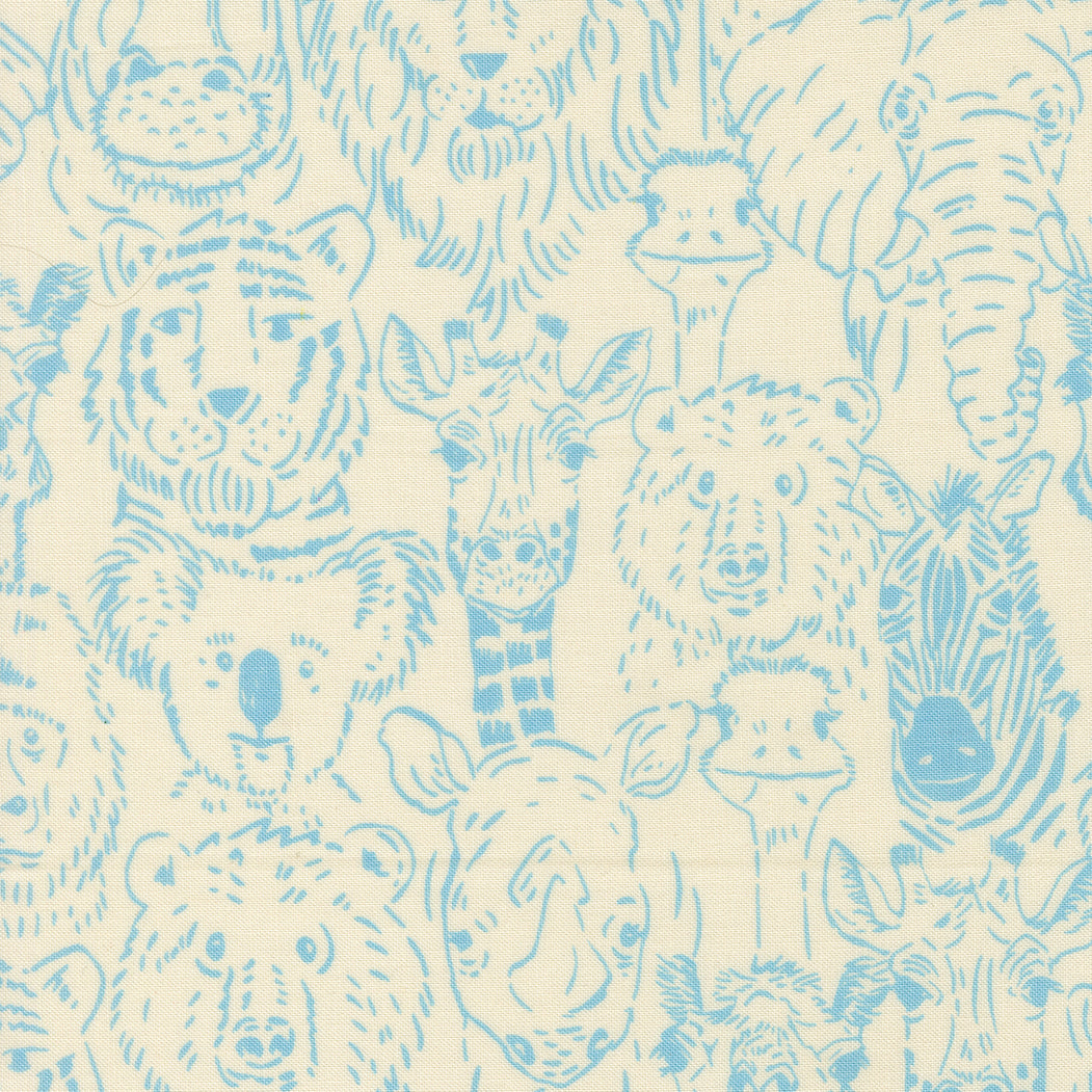 Pattern of blue animal illustrations on a beige background