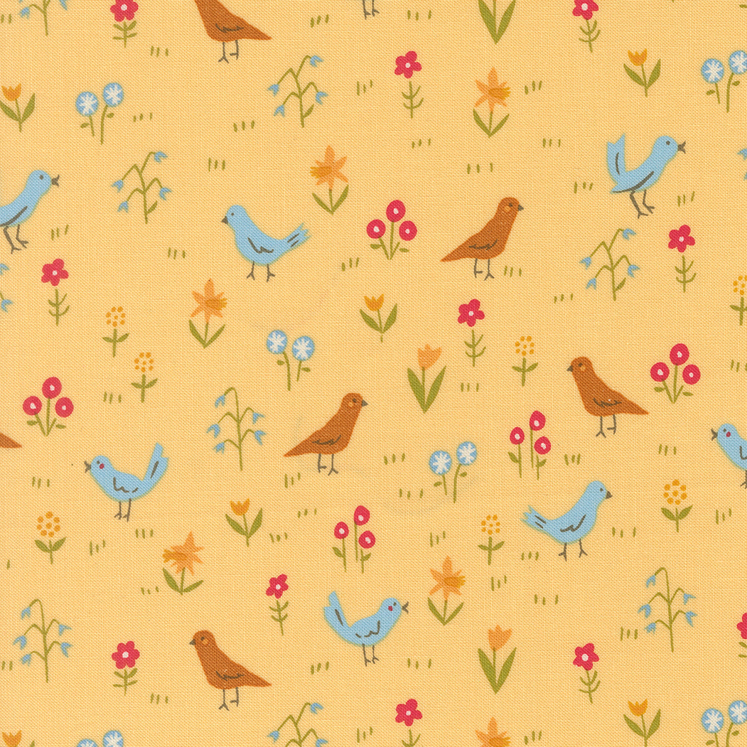 Pattern of birds and flowers on a yellow background