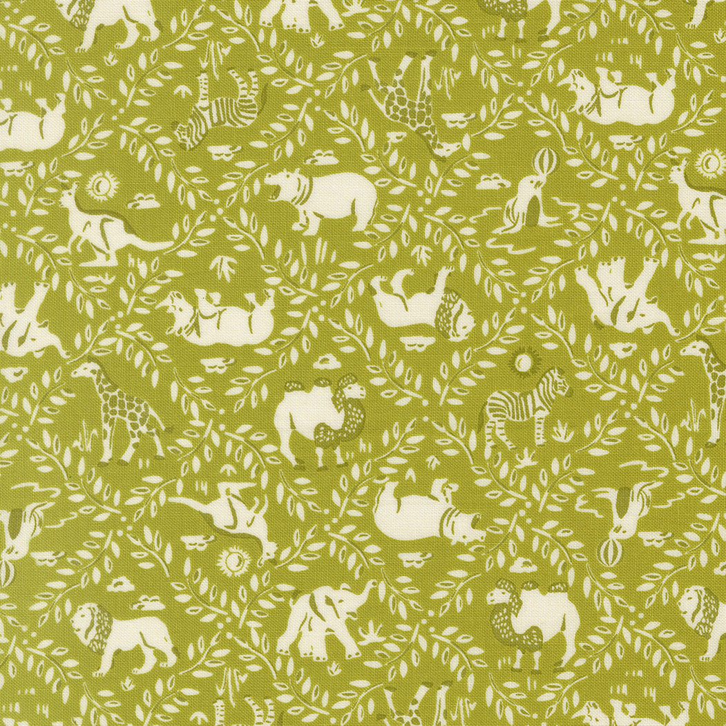Pattern of white animals and leaves on a green background