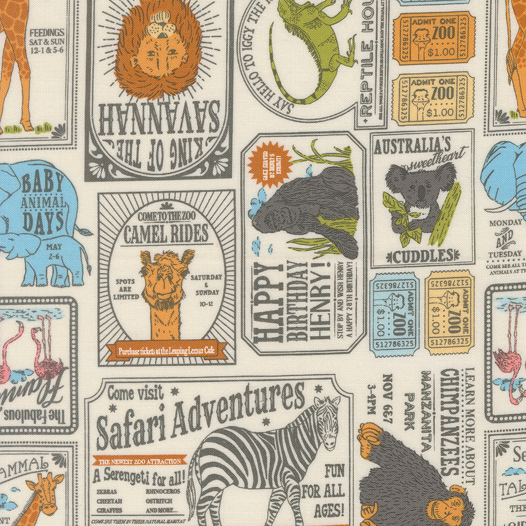 Patterned fabric with vintage-style safari-themed designs featuring animals and text.