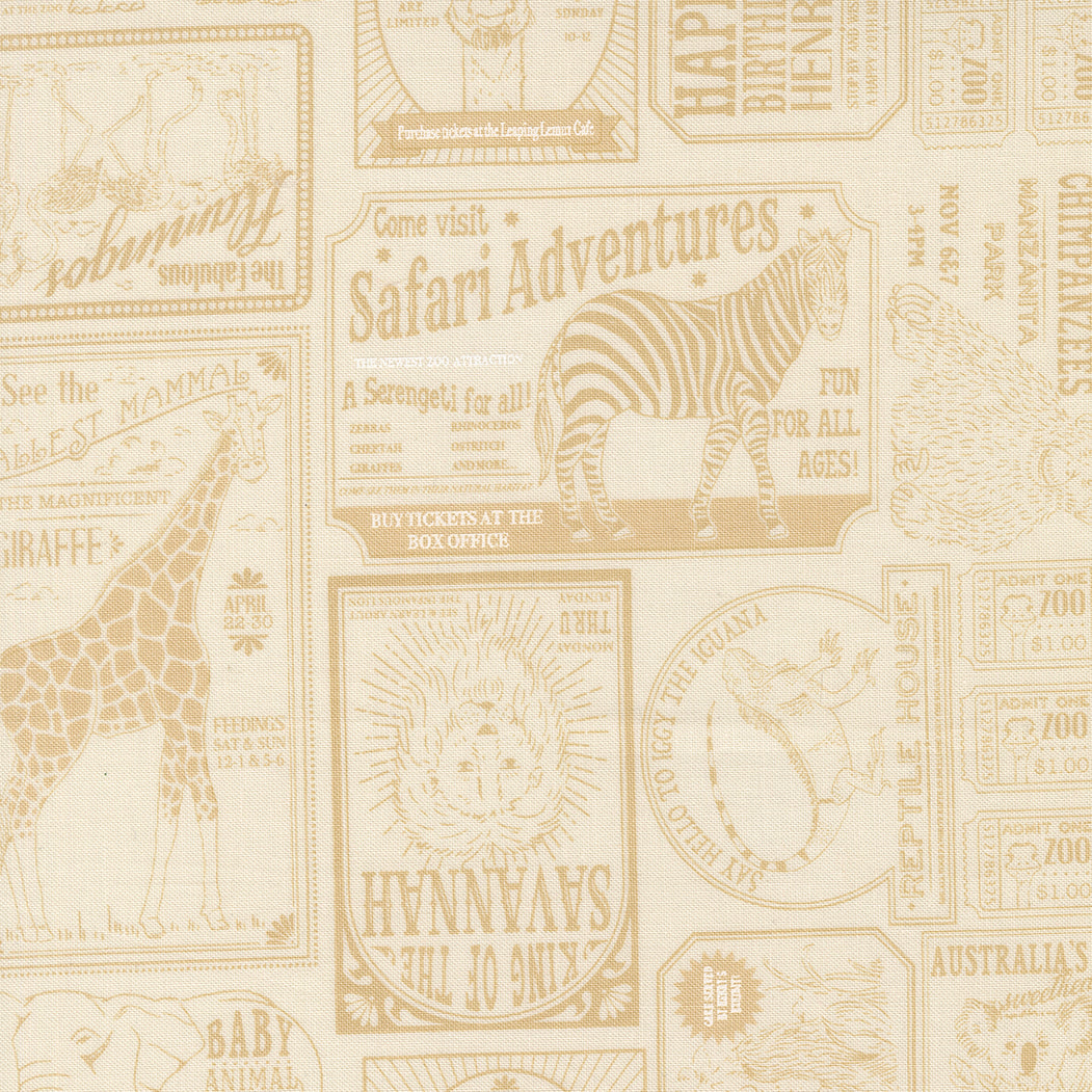 Patterned fabric with safari-themed text and animal illustrations on a beige background