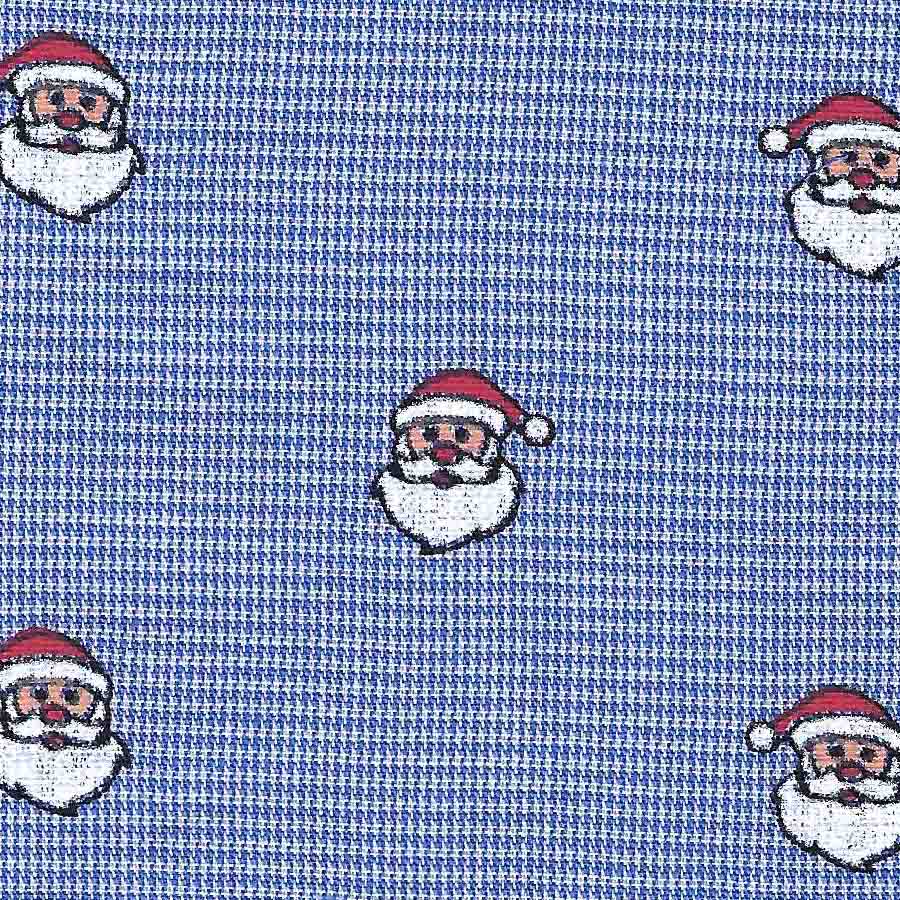 A fabric with a Christmas-themed pattern featuring Santa Claus faces on a blue micro check background.
