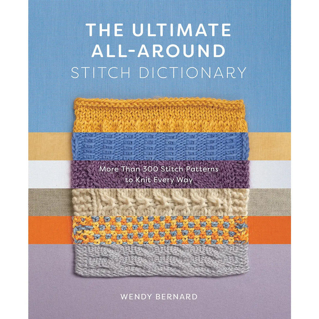 Book cover of 'The Ultimate All-Around Stitch Dictionary' with striped fabric patterns on a blue and purple background.