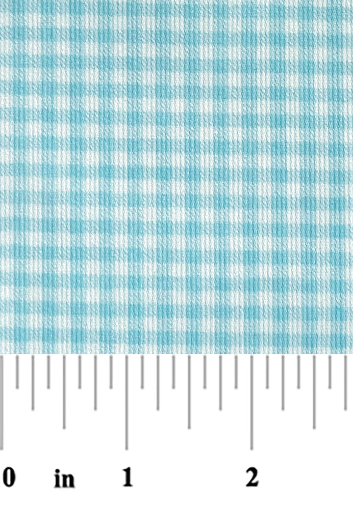Blue and white checkered fabric with a ruler at the bottom